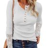 Women Long Sleeve Shirts Solid Button V Neck Lace Sleeves Slim Fit Casual Fall Shirts 2025