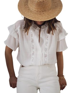 Women's Summer Blouse Short Sleeve Button Down Shirt Lace Trim Ruffles Round Neck Casual Work Top