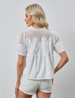 Women Lace Poplin Flared Blouse Mesh Sheer Swing Babydoll Tops Elegant Short Sleeve Crewneck Eyelet Embroidered Shirts