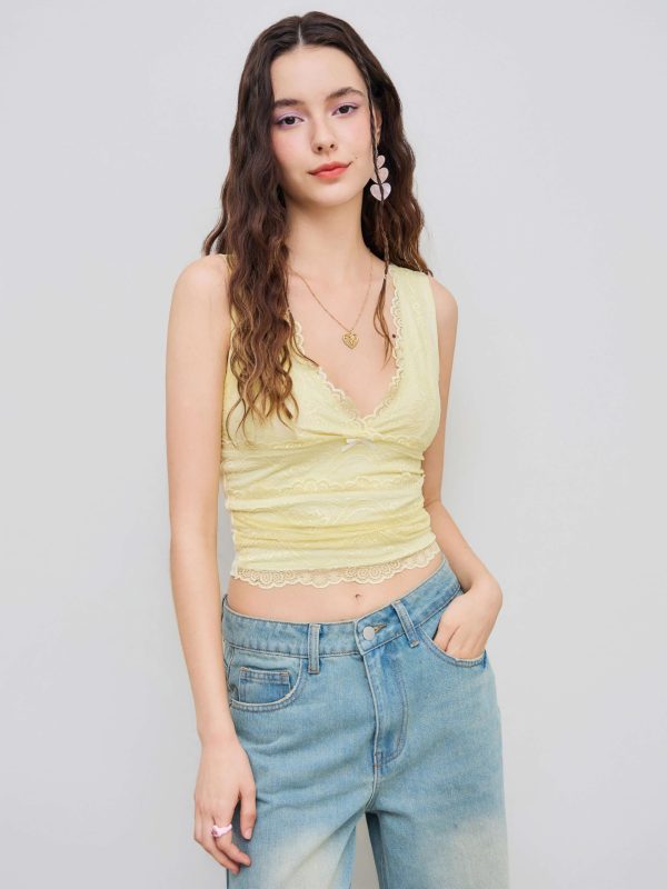 Lace Crop Tank Tops for Women Summer V Neck Sleeveless Going Out Tops Ruched Sexy Tee Trendy T Shirts Casual