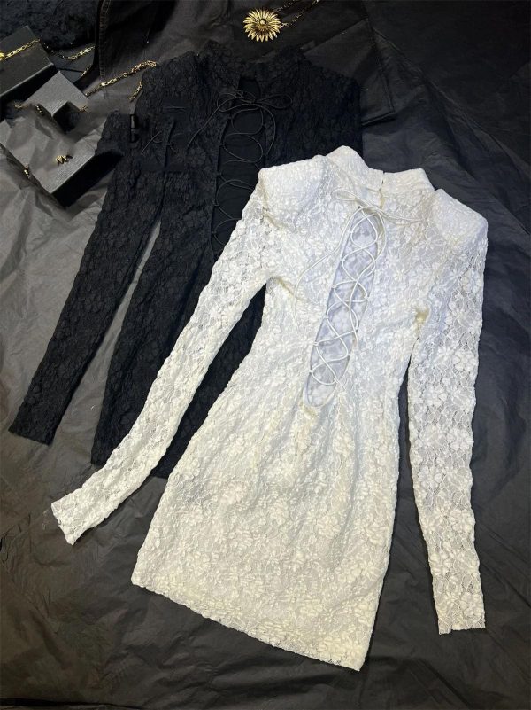 Women's Backless Party Dress - Crisscross Lace-Up Long Sleeve Bodycon Midi Dress