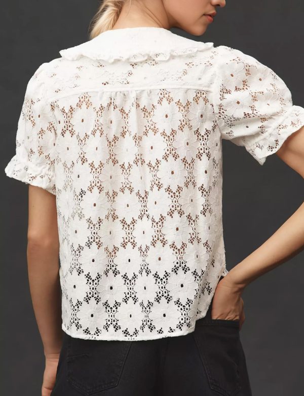 Women's Peter Pan Collar Neck Lace Trim Blouse Puffed Short Sleeves Tee Shirt Button Front Eyelet Tops with Pocket