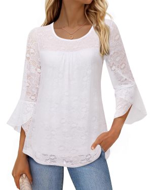Women's Ruffle 3/4 Sleeve Elegant Dressy Blouses Crew Neck Double Layers Mesh Tunic Tops