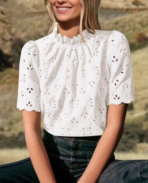 Summer Tops for Women 2025 Trendy Short Sleeve Eyelet Embroidered Dressy Casual Blouse Shirts