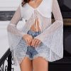 Women's Lace Tops Tie Front Bell Long Sleeve Sheer Blouse Crop Tops