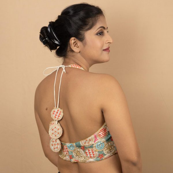 81Gg0x8RSHL.jpg Women's Sequin Gold Embroidered Halter Neck Sleeveless Readymade Indian Saree Blouse E13