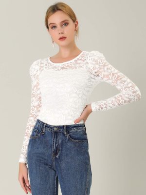 Women's Long Sleeve Lace Top Mesh Sheer Fitted Elegant Blouse