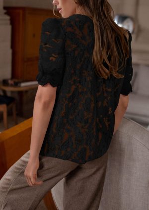 Womens 2025 Spring Lace Tops Short Puff Sleeve Casual Dressy Blouses Eyelet Crew Neck Button Down Shirts