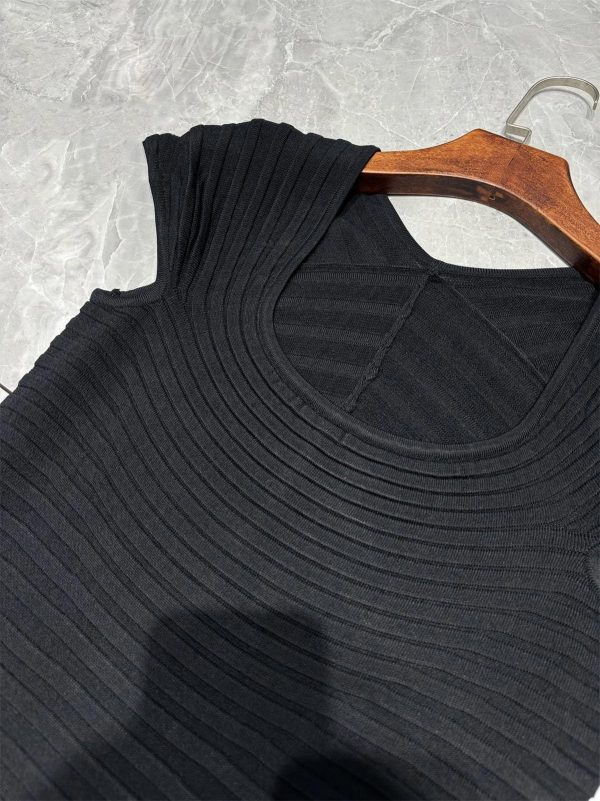 Women's Striped U-Neck Maxi Dress - Ruched High Waist A-Line Knitted Long Dress
