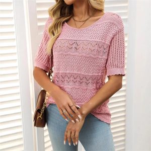 Women Short Sweater Hollow Out O Neck Pullover Knitted Tops Loose Fit Elegant Knit Shirt