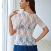 Mesh Top for Women Short Sleeve Crew Neck Fitted Top Solid & Floral Lace Tee Shirts