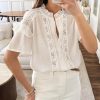 Women's Summer Blouse Short Sleeve Button Down Shirt Lace Trim Ruffles Round Neck Casual Work Top