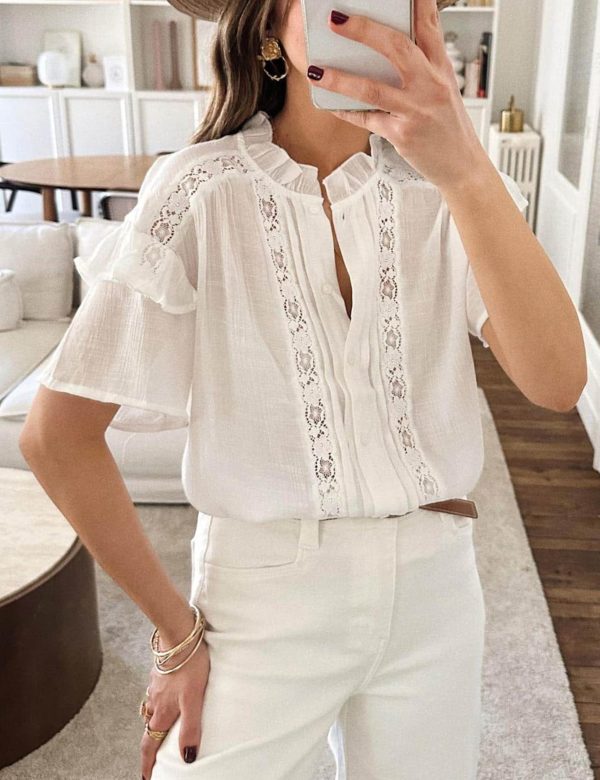 81Ka0oUOvL.jpg Women's Summer Blouse Short Sleeve Button Down Shirt Lace Trim Ruffles Round Neck Casual Work Top