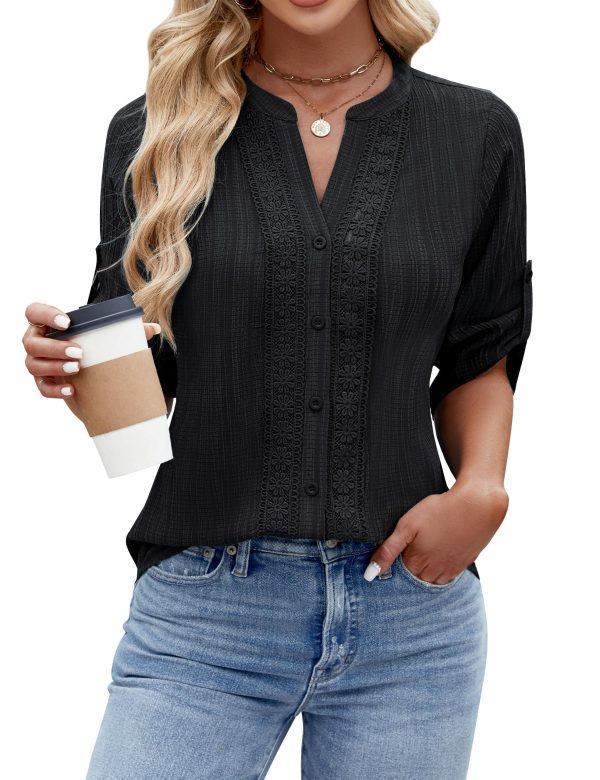 Womens Button Down Shirts Lace Crochet Dressy Casual Tops 3/4 Sleeve Work Summer Outfits 2025