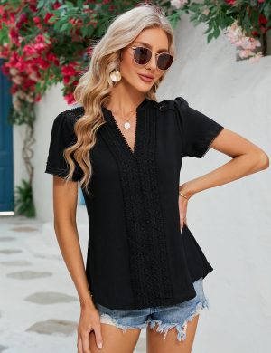 Womens Dressy Casual Blouses Short Sleeve V Neck Business Tops Summer Ladies Trendy Boho Office Work Shirts