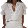 Women's Summer Blouse Short Sleeve Button Down Shirt Lace Trim Ruffles Round Neck Casual Work Top
