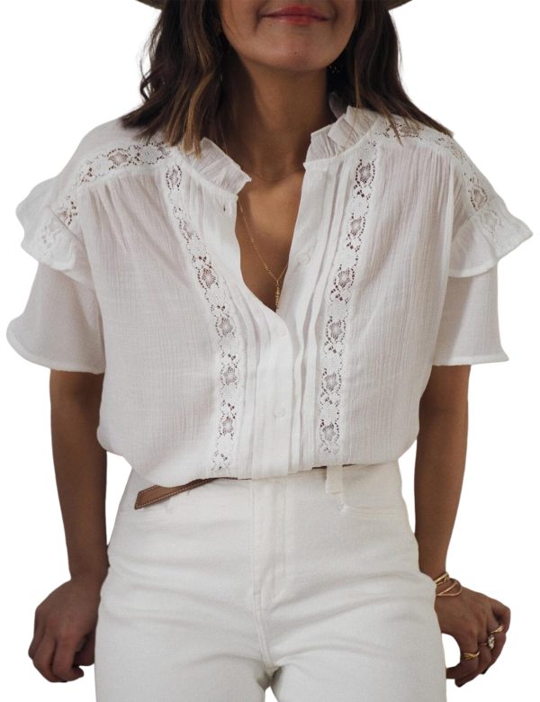 81NF642iEKL.jpg Women's Summer Blouse Short Sleeve Button Down Shirt Lace Trim Ruffles Round Neck Casual Work Top