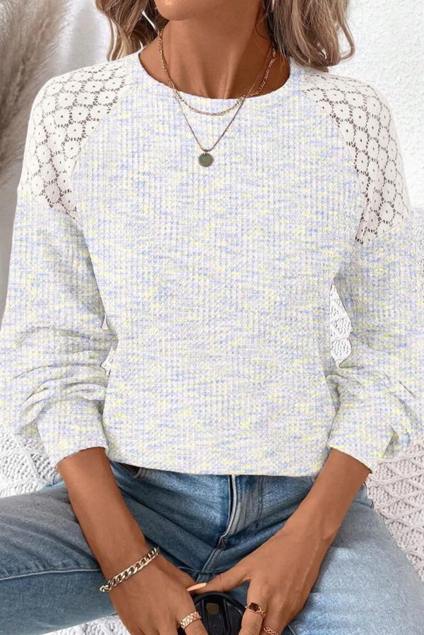 81Nlvbd3dhL.jpg Fall Tops for Women Casual Crew Neck Waffle Knit Lace Raglan Long Sleeve Shirts Loose Fit Blouses Top