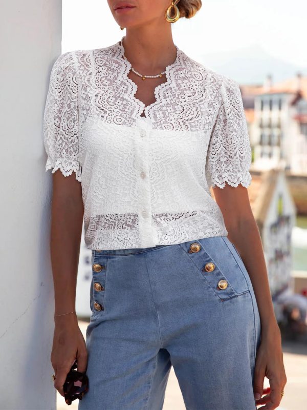 Lace Tops for Women Dressy Casual V Neck Short Sleeve Button Down Shirts Bussiness Work Office Summer Blouses