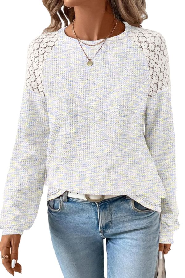 81OKi9XOCEL.jpg Fall Tops for Women Casual Crew Neck Waffle Knit Lace Raglan Long Sleeve Shirts Loose Fit Blouses Top