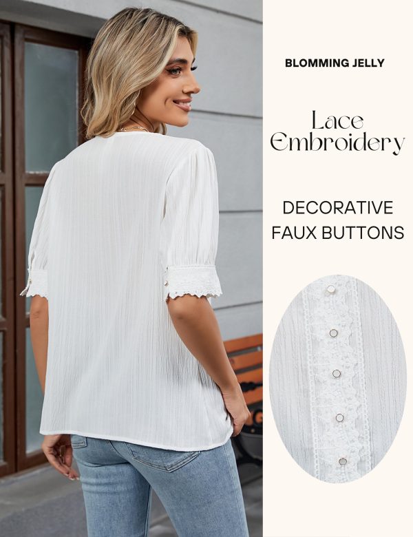 Womens Dressy Casual Blouse Short Puff Sleeve V Neck Lace Tops Summer Trendy Cute Ladies Business Work Shirt