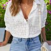 Womens Lace Shirts Dressy Button Down Shirts Embroidered Blouses Cotton Eyelet Long Sleeve Collared Tops