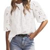 Summer Tops for Women 2025 Trendy Short Sleeve Eyelet Embroidered Dressy Casual Blouse Shirts