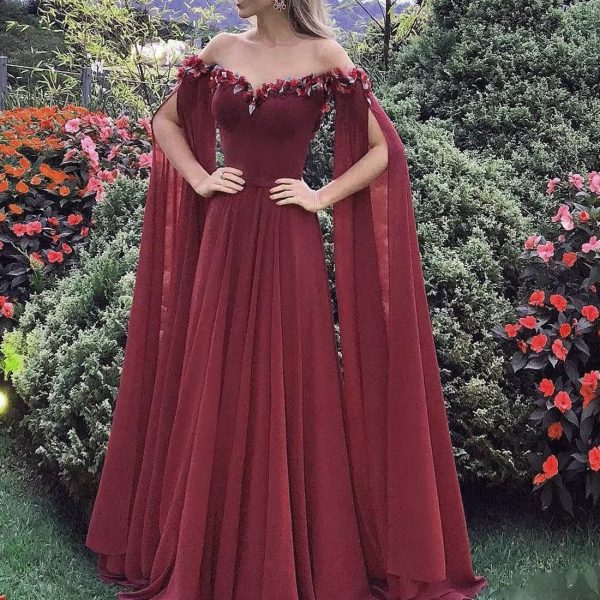 Floral Off The Shoulder Goddess Long Sleeves Cape Prom Evening Dresses