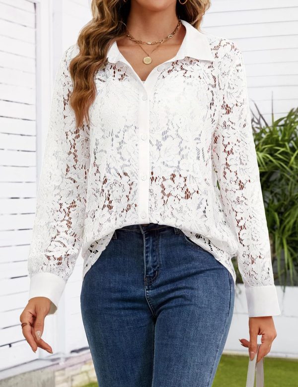 Lace-Tops for Women: Sheer Lace Long Sleeve Top, Elegant Dressy Blouse, Sheer Tops for Women