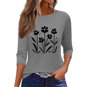 3/4 Sleeve Tops for Women Summer Round Neck Tops Trendy Graphic Tees Casual Loose Fit Ladies Blouse Vacation Clothes