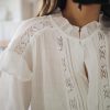 Women's Summer Blouse Short Sleeve Button Down Shirt Lace Trim Ruffles Round Neck Casual Work Top