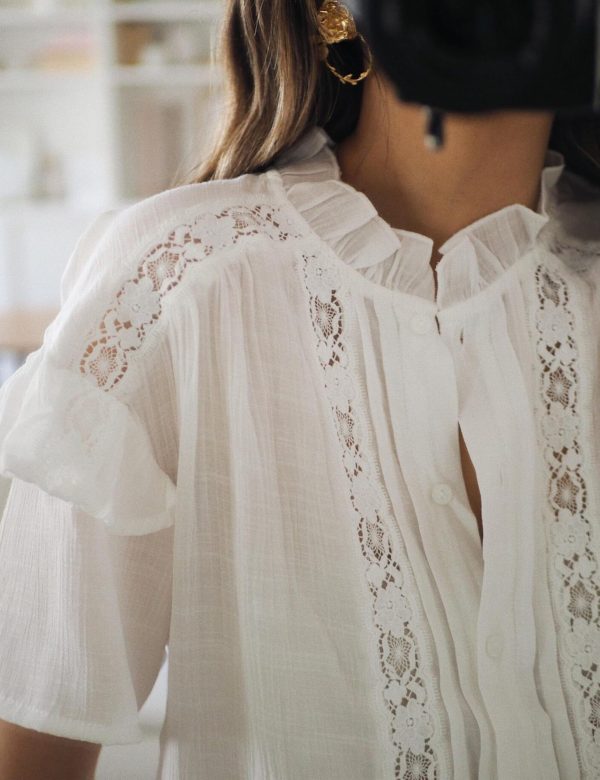 81QSeB1MXfL.jpg Women's Summer Blouse Short Sleeve Button Down Shirt Lace Trim Ruffles Round Neck Casual Work Top