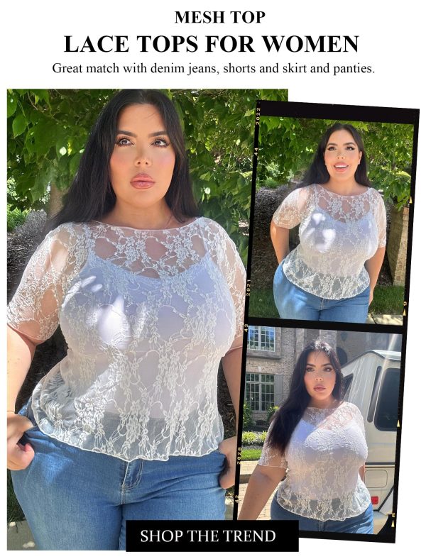 Mesh Top for Women Short Sleeve Crew Neck Fitted Top Solid & Floral Lace Tee Shirts