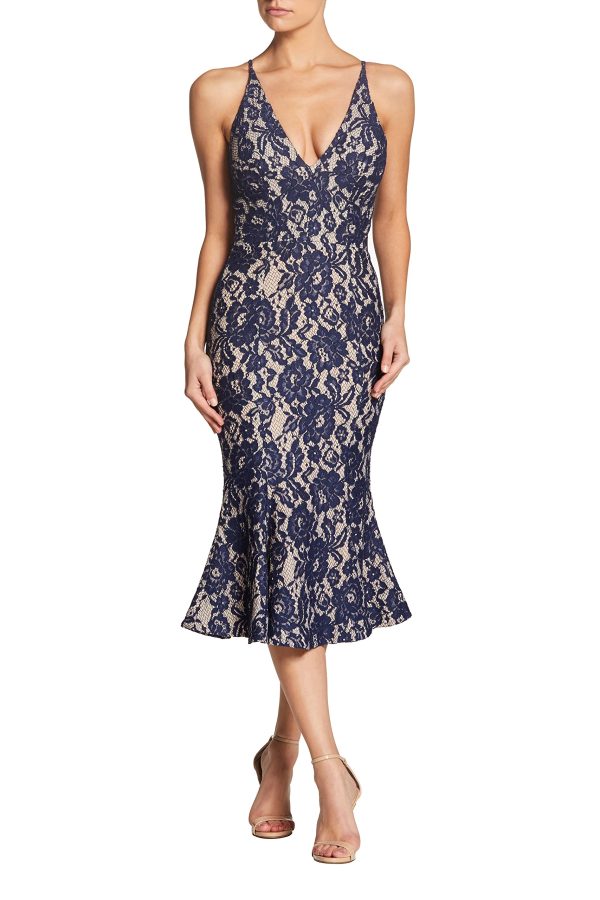 Women's Isabelle Plunging Spaghetti Strap Mermaid Fitted Midi Dress