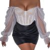 Lace Corset Tops for Women Going Out Summer Off The Shoulder Mesh Sheer Puff Lantern Long Sleeve Sexy Blouses Shirts