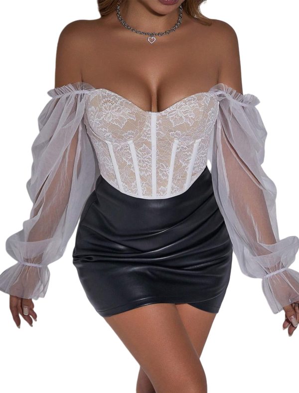 81Snyd15HkL.jpg Lace Corset Tops for Women Going Out Summer Off The Shoulder Mesh Sheer Puff Lantern Long Sleeve Sexy Blouses Shirts