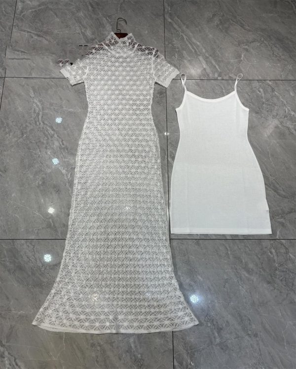 Women's Sheer Jacquard Trumpet Dress - Hollow Out Short Sleeve Suspender Mermaid Gown
