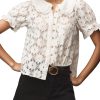Women's Peter Pan Collar Neck Lace Trim Blouse Puffed Short Sleeves Tee Shirt Button Front Eyelet Tops with Pocket