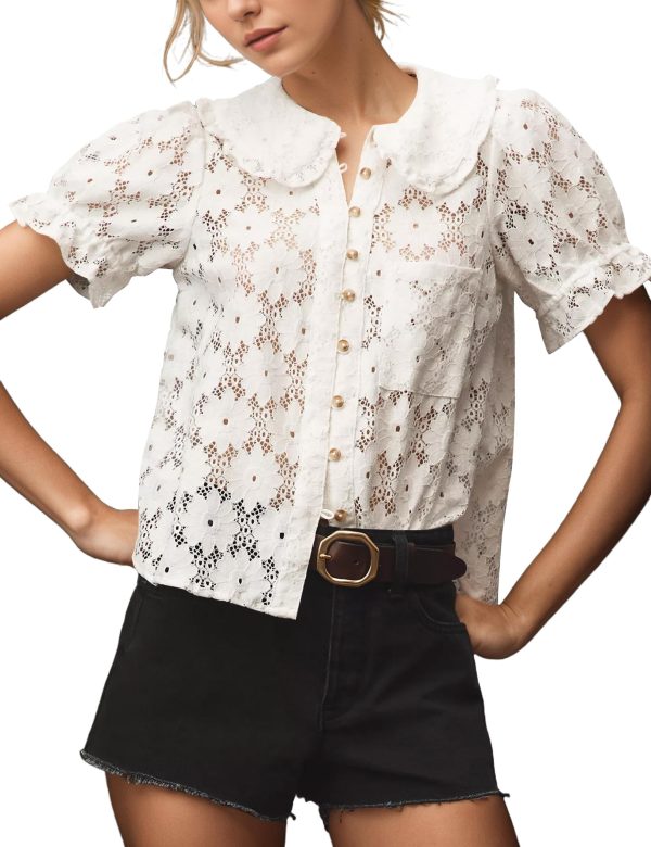 Women's Peter Pan Collar Neck Lace Trim Blouse Puffed Short Sleeves Tee Shirt Button Front Eyelet Tops with Pocket