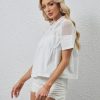 Women Lace Poplin Flared Blouse Mesh Sheer Swing Babydoll Tops Elegant Short Sleeve Crewneck Eyelet Embroidered Shirts