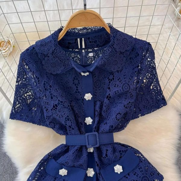 Summer Embroidery Lace Tops Chiffon Suits for Women Single Breasted