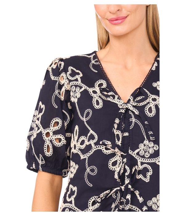 Women's Embrodiery Short Sleeve Open Tie Front Top