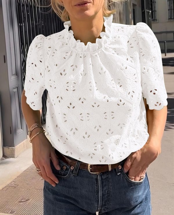 81UxeBRc-L.jpg Summer Tops for Women 2025 Trendy Short Sleeve Eyelet Embroidered Dressy Casual Blouse Shirts