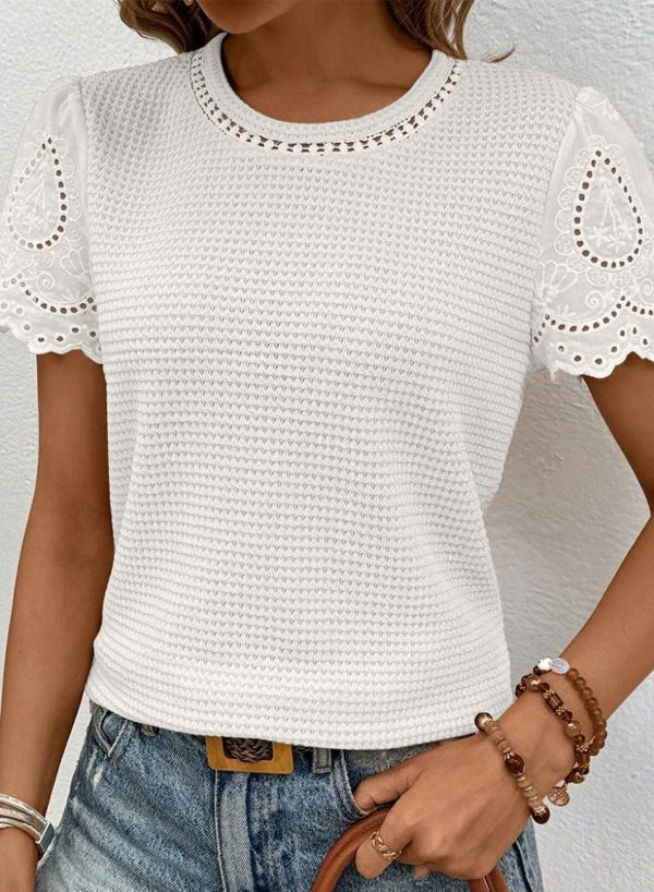 Womens Frenchy Summer Tops Crewneck Short Sleeve T Shirts Casual Waffle Knit Jacquard Blouses Top Shirts