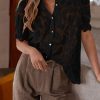 Womens 2025 Spring Lace Tops Short Puff Sleeve Casual Dressy Blouses Eyelet Crew Neck Button Down Shirts