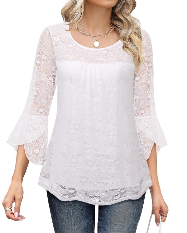 81VcuUMLN8L.jpg Women's Ruffle 3/4 Sleeve Elegant Dressy Blouses Crew Neck Double Layers Mesh Tunic Tops