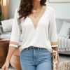 Women's Casual 3/4 Sleeve Shirts Lace V Neck Color Block Dressy Tops Trendy Hollow Floral Blouses T Shirts S-XXL