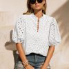 Womens Eyelet Summer Tops Lantern Short Sleeve Button V Neck Dressy Casual Blouses Hollow Out Embroidered Lace Shirts