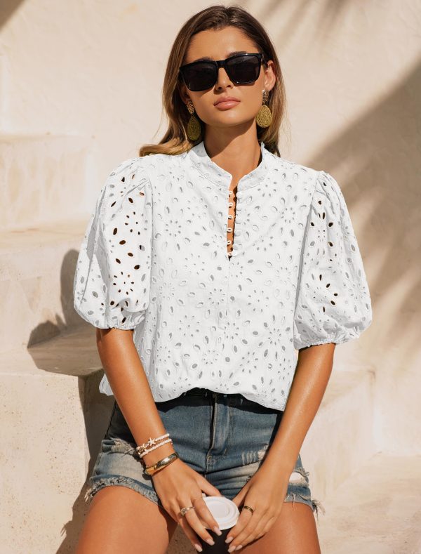 Womens Eyelet Summer Tops Lantern Short Sleeve Button V Neck Dressy Casual Blouses Hollow Out Embroidered Lace Shirts