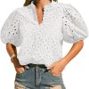 Womens Eyelet Summer Tops Lantern Short Sleeve Button V Neck Dressy Casual Blouses Hollow Out Embroidered Lace Shirts